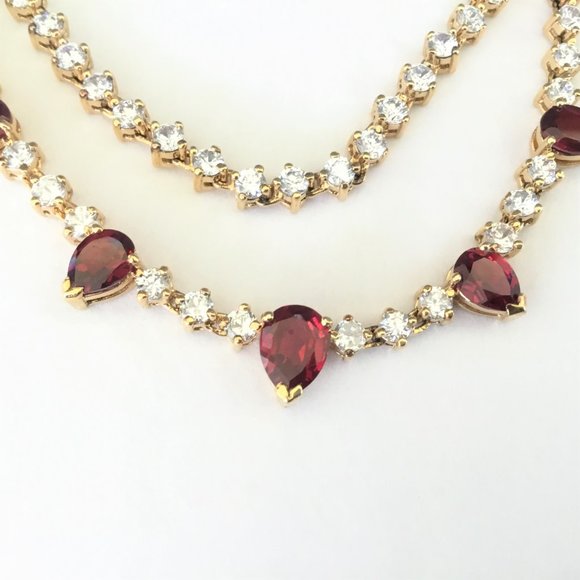 Necklace 18k Gold over 925 Sterling Ruby & Diamond Look Cubic Zirconia Prong Set - Picture 3 of 9